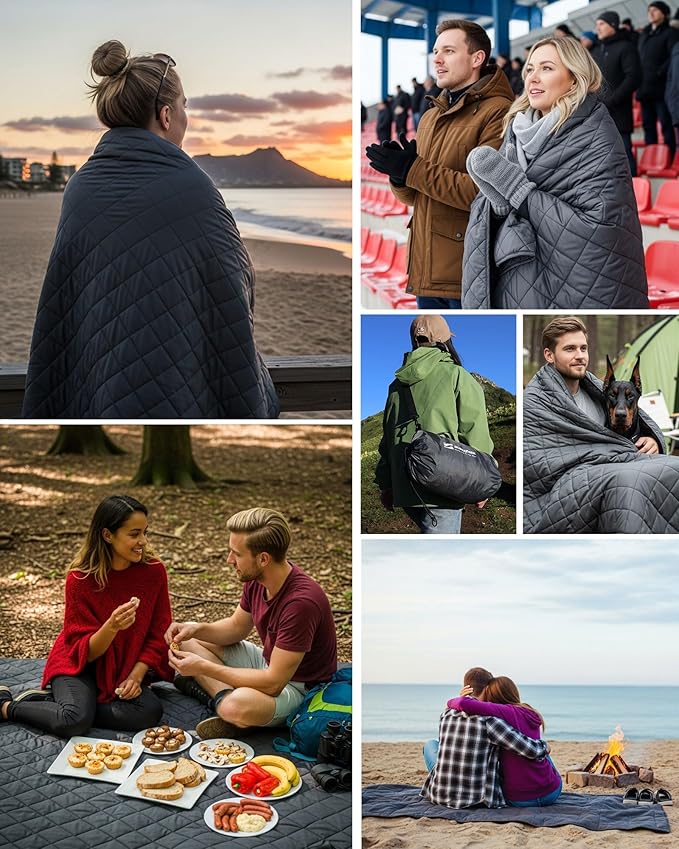 Large Waterproof Stadium Blanket, Soft Warm Fleece Camping Blanket Windproof for Cold Weather, 79"x 59" Triple Layers for Outdoor Sports, Concerts, Car, Dog