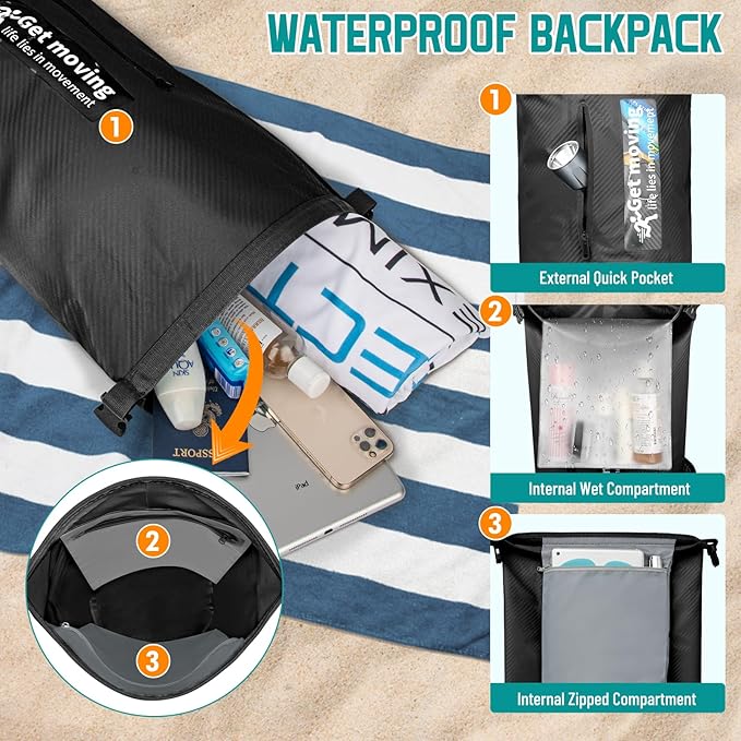 BKNOOU Dry Bag Waterproof for Women Men, 10L/20L Roll Top Lightweight Dry Storage Bag Backpack for Travel, Kayaking, Boating, Rafting, Camping, Hiking and Beach, with Phone Case (Black, 20L)