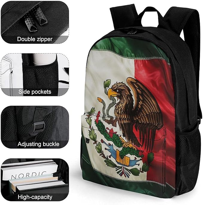 Rucksack Anti-Theft Multipurpose Big Capacity Carry On Bag, Retro Mexico Flag Traveling Camping Backpack With Side Pockets