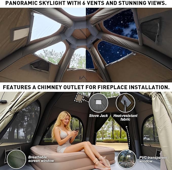 Inflatable Camping Tents 8-10 Person,129 Square Feets Large Inflatable Camping Tent with Stove Jack,Blow up Tent with Mesh Windows & Pump