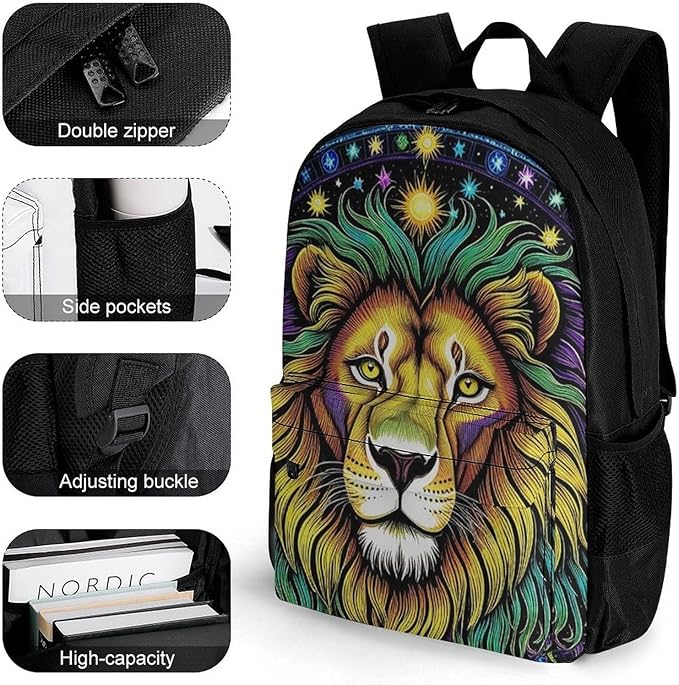 Supdreamc Lightweight Backpack for Gym Travel Bicycle, Big Capacity Multipurpose Anti-Theft Carry On Bag, Fantasy Lion Sun And Moon Twelve Constellations Art Travel Hiking Bag Day Pack