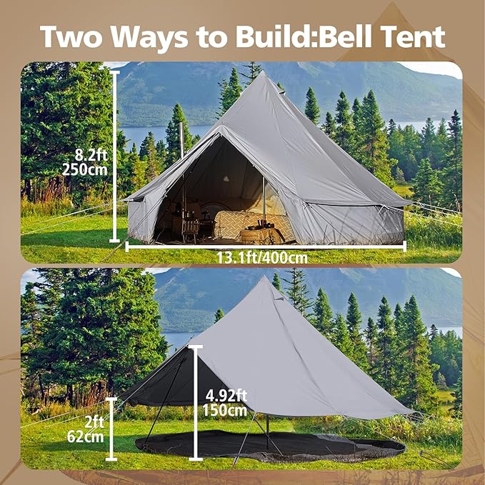 Cotton Canvas Bell Tent, Waterproof Large Tents with Sturdy Center & Door Pole and Space for 4/6/8 Person All 4 Season Camping Yurt Tent