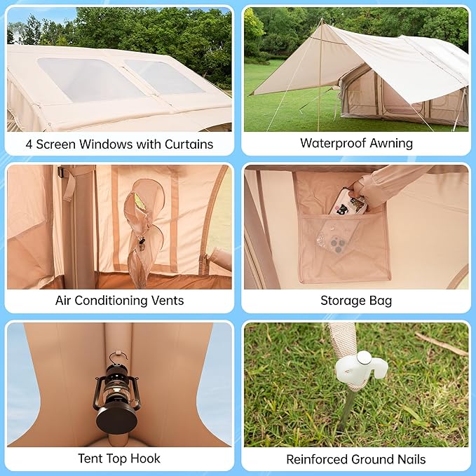 Inflatable Camping Tent with Pump & 1/2 Awnings, 8-14 Person Air Tents for Camping Adult, Large Waterproof Oxford Family Glamping Tent, Quick Setup Big Tent for Outdoor Camping