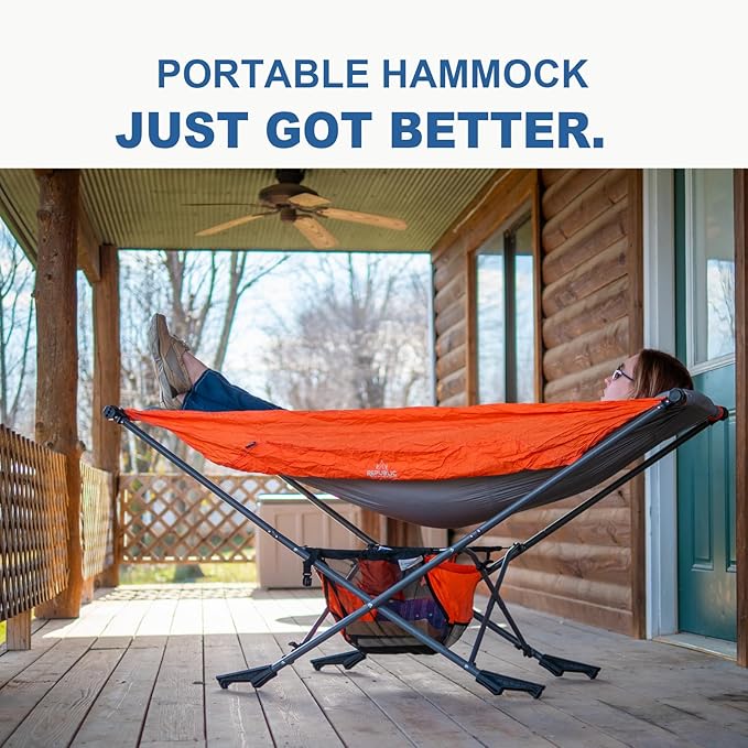Portable Hammock with Stand, World's Best Mock ONE® Hammock, Compact Folding Framed Hammock with Adjustable Sunshade Canopy for Park, Backyard, Garden, Camping, Hiking, Mountaineering, Beaches- Orange