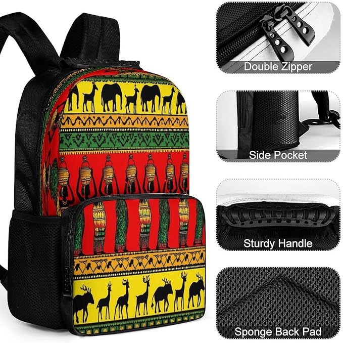 Polyester Daypack Backpack for Sports Travel Running, Big Capacity Anti-Theft Multipurpose Carry On Bag, Ethnic Tribal African Black Women Deer Elephants Art Laptop Book Bag Rucksack