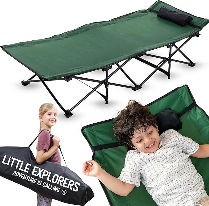 LITTLE EXPLORERS Kids cot, Child Camping and Travel Cot, Kids Cots for Sleeping, Foldable Bed for Kid, Includes Pillow and Bag | Age 3-12 | 60inch