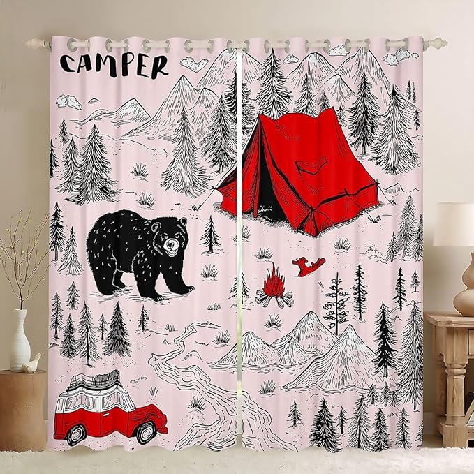 Feelyou Pink Camper Camping Curtains for Bedroom Living Room Rustic Farmhouse Animal Bear Blackout Shades Camping Theme Room Darkening Curtain Window Treatments, 2 Panels 38 x 54 Inch Decor