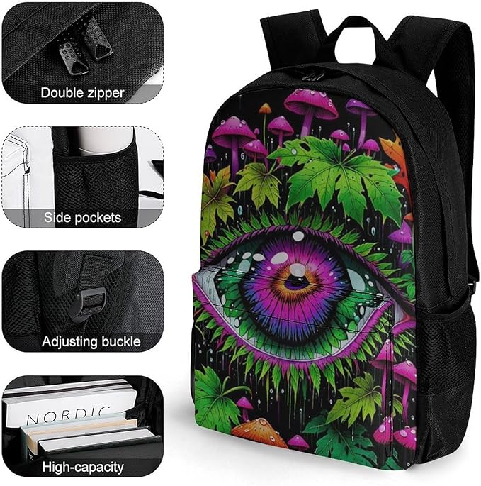 Daypack Backpack Anti-Theft Multipurpose Large Capacity Carry On Bag, Trippy Eye Mushroom Art Traveling Camping Backpack With Side Pockets