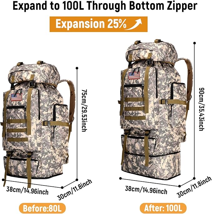 JUMAHE 100L Hiking Backpack for Men - Rucksack Molle Military Tactical Waterproof Lightweight Camping Backpack 3 Day Assault Pack for Travel, Climbing, Backpacking