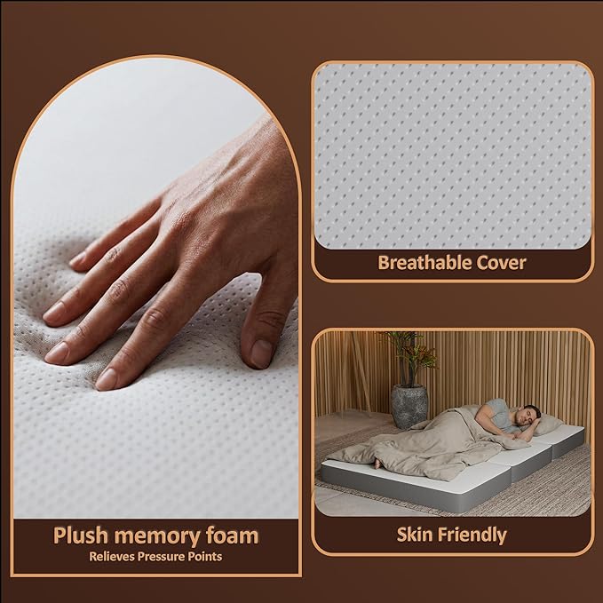 Greaton, 3-Inch Tri-Folding Gel Memory Foam Portable Floor Mattress | Breathable Mesh, Ultra Soft, Cot Pad, Removable and Washable Cover, Comfortable Support, Therapeutic Qualities, 31-Inch, White