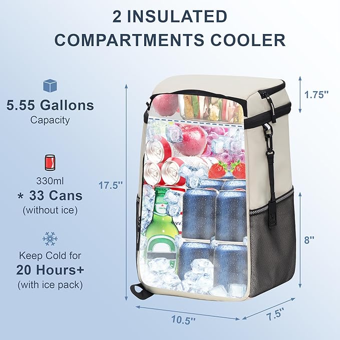 SPARTER Backpack Cooler Insulated Leak Proof 33/49 Cans, 2 Insulated Compartments Thermal Bag, Portable Lightweight Beach Travel Camping Lunch Backpack for Men and Women