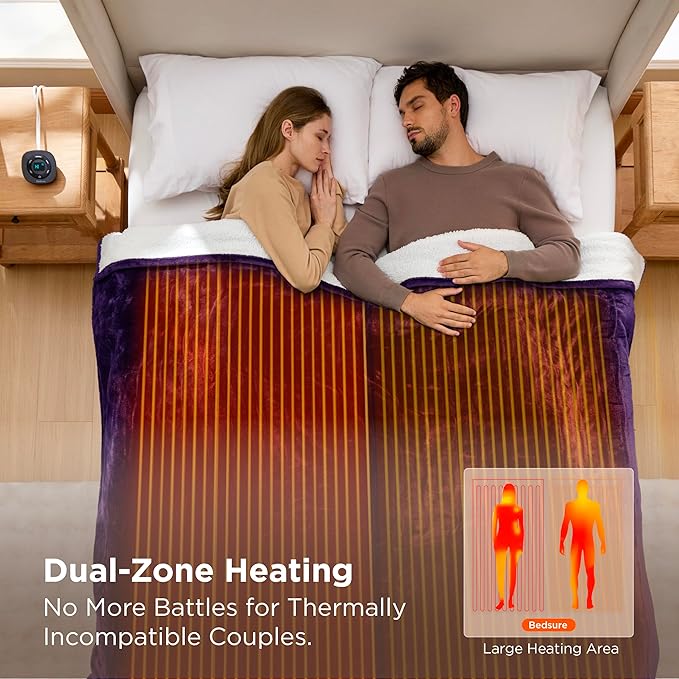 Bedsure Electric Blanket Queen Size - Dual Control Heated Blanket Queen, Fast Heating with 10 Time Settings & 10 Heat Settings, Warm Gift for Grandma (84x90 inches, Purple)