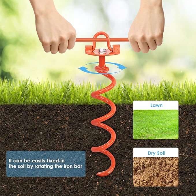 MIXXIDEA 11.4 Inch Gound Anchors Screw in, Metal Spiral Earth Anchors Kit, Heavy Duty Folding Ring Spiral Stake with Straps, Ground Stakes for Tent (Orange, 11.4 Inch with 92in Straps)