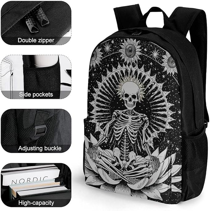 Men Women Polyester Seven Star Meditation Skeleton Skull Black Daypack Bookbag Big Capacity Shoulder Bag With Padded Straps for Climbing Travel Walking Cycling