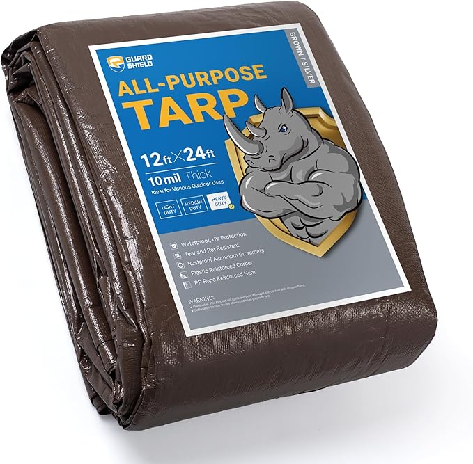 GUARD SHIELD Tarps Heavy Duty Waterproof 12x24 Feet Brown/Bright Silver Poly Tarp Cover Square Outdoor Thick UV Resistant Tarpaulin with Grommets 10mil