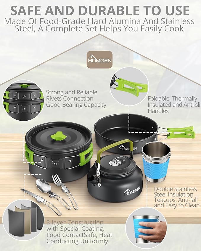 HOMGEN 12-Pieces Ultralight Anodized Aluminum Camping Cookware Set for 2 People - Nesting Pot/Pan with Foldable Handles 800ml Insulated Teapot & Stainless Cups for Camping Hiking