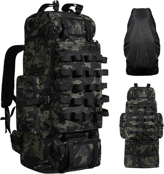 70L/100L Camping Hiking Backpack with Rain Cover, Expandable Large Military Tactical Backpack, Waterproof Molle Racksack Travel Backpacking Daypack for Climbing Trekking (Black CP)