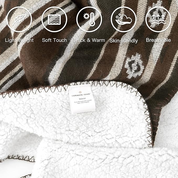 Aztec Patterned Throw Blanket with Soft Sherpa Lining, Traditional Southwestern Navajo Tribal Style Warm Throw for Camping, Outdoor, Light Weight Cozy Boho Blanket for Couch, Sofa, Bed, 50"x60", Brown