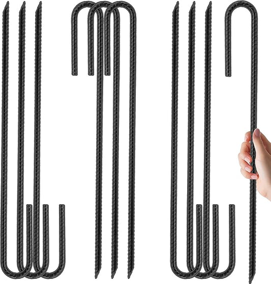 Kingsyard 10 Pack Tent Stakes Heavy Duty, 12 Inch 1/4 Inch Diameter J Shape Hook Rebar Stakes, Galvanized Steel Ground Anchors Metal Spikes for Yard, Hoses Landscape, Chain Link Fence, Black