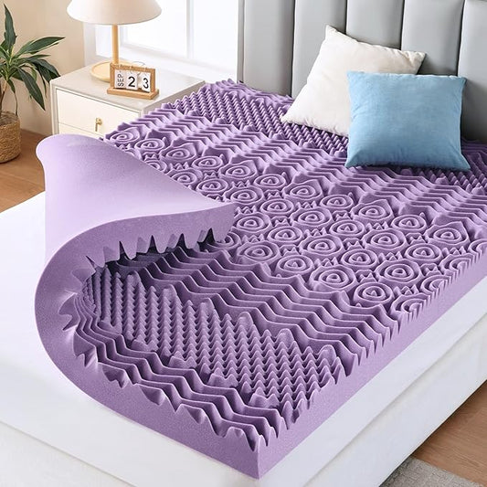MUXHOMO 3-Inch King Mattress Topper, 7-Zone Egg Crate Memory Foam for Back Pain Relief, Cooling Gel-Infused Lavender Bed Pad, CertiPUR-US & Oeko-TEX Certified