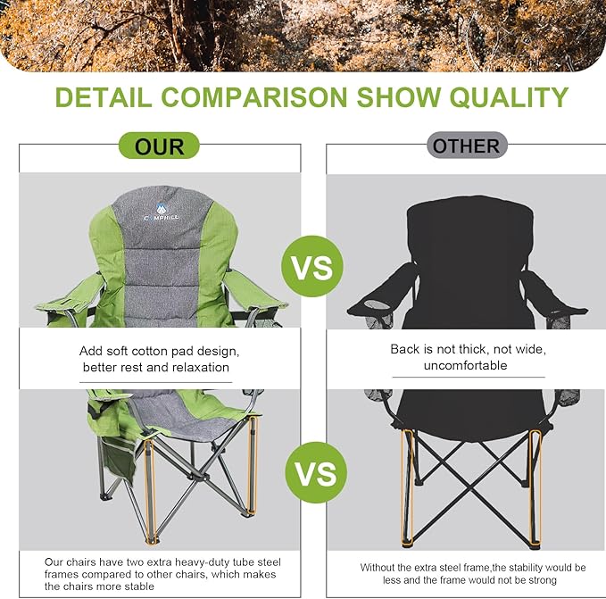 Northroad Oversized Portable Camping Chair, Full Padded Outdoor Folding Chair Support 350 LBS, Heavy Duty Lawn Chair with Cup Holder, Cooler Bag, Lumbar Support, Head Pocket for Adult (Green)