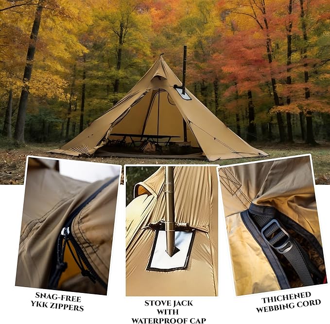 Hot Tent with Stove Jack – 4 Season Waterproof & Windproof Shelter for 1–4 People, Lightweight for Camping, Hiking, Hunting & Fishing