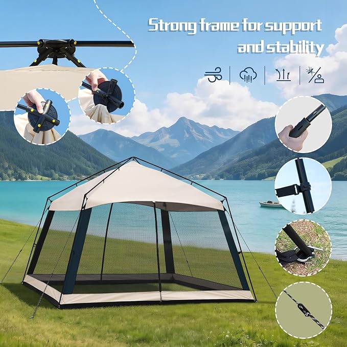 12 x 12 FT Camping Screen Tent for 8-10 Person, Easy Setup Screen House with UV 50+ Sun Protection & Mosquito Net for Camping, Backyard, Picnic, Patio Outdoor Beige & Navy