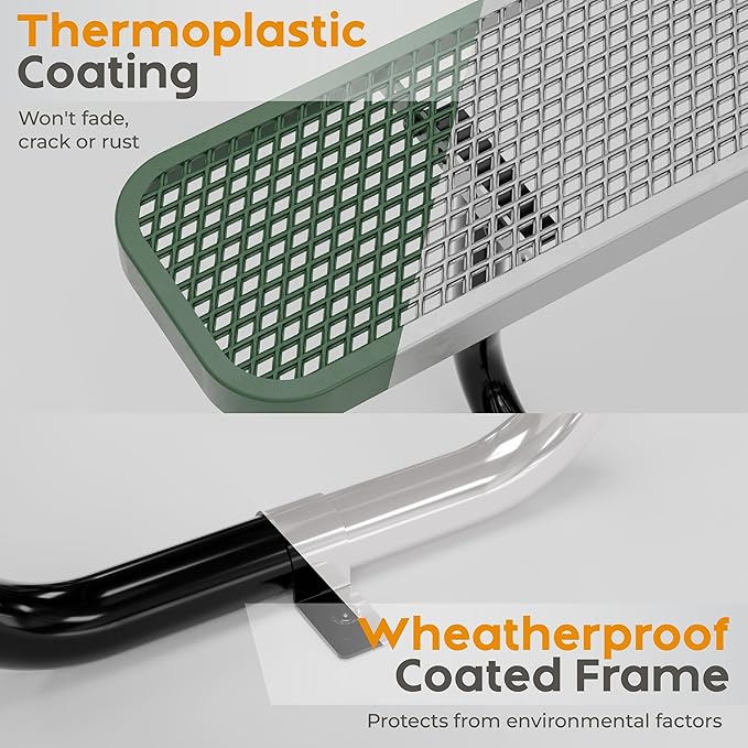 Metal Picnic Furniture for Outdoors with Umbrella Hole - Coated Steel Heavy Duty Commercial Grade Table with Adjustable Seats, Patio Set for a Lifetime (Green, 4' Rectangular)