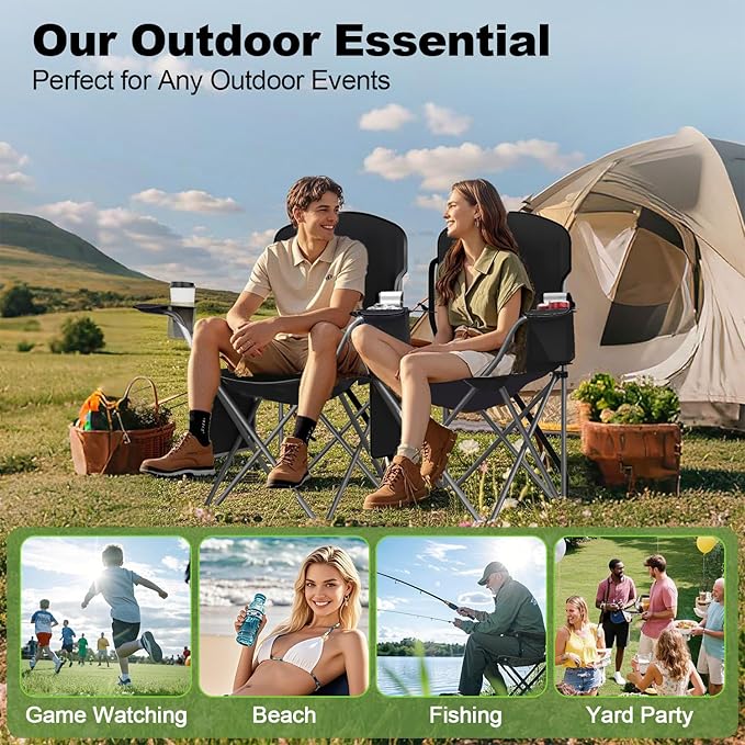 Folding Camping Chairs Durable 600D Oxford, Portable Outdoor Chair with Cooler Pouch, Cup Holder & Storage Pocket for Camping, Beach, Fishing