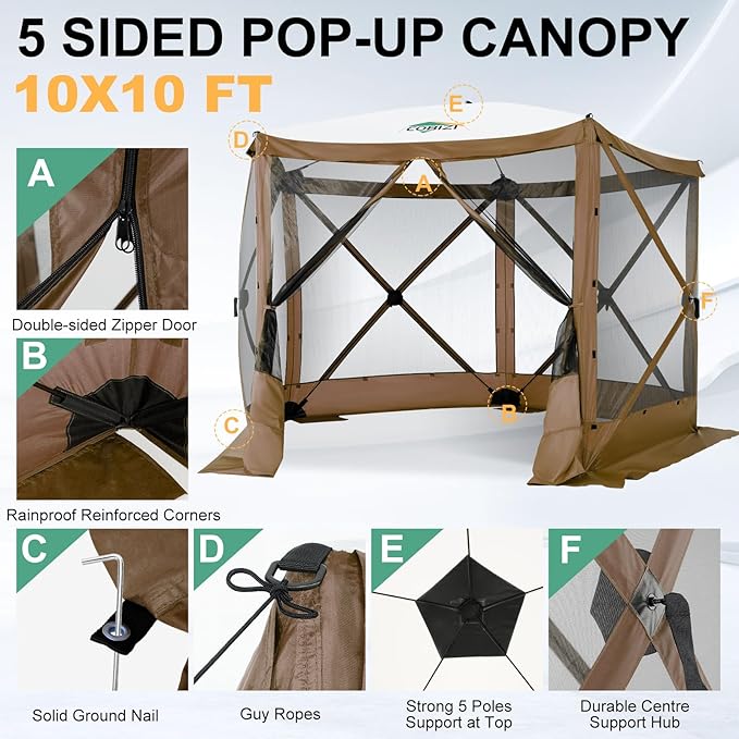 COBIZI 10x10 FT Pop up Gazebo, Popup Canopy Tent,Instant Screened in Gazebos, Waterproof Portable Outdoor Small Screen Tents Sun Shelter,carpas para Patio for Camping, Garden and Backyard,Brown
