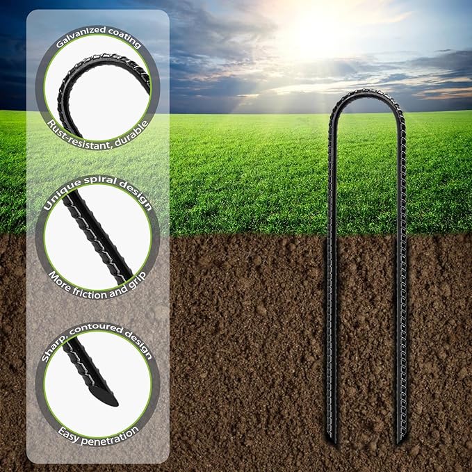 Rebar Stakes 12 Inch Heavy Duty Ground Anchors (Pack of 6 Black), U Shaped Ground Stakes Galvanized Steel, Trampoline Tie Down Anchor, Heavy Duty Stakes for High Wind