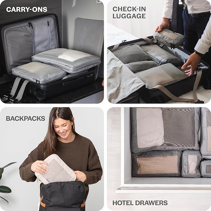 Aerotrunk Compression Packing Cubes for Travel - Luggage Organizer Bags - Double Zipper Packing Cubes for Suitcases (12-Pack, Mocha)