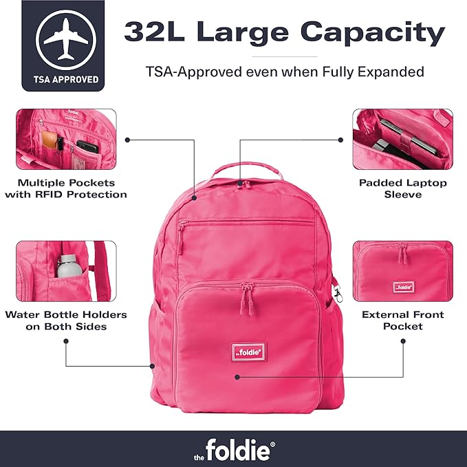 The Foldie Packable Backpack for Travel 32L - Lightweight Foldable Backpacks with Trolly Sleeve & RFID Protection - Water-repellent Casual Daypack Backpacks for Hiking, Camping & Gym - Pink