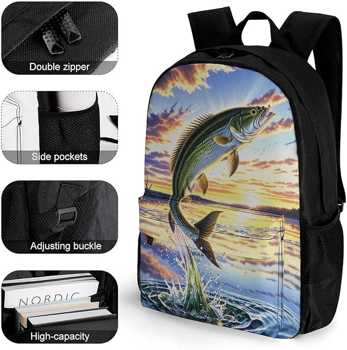 Supdreamc Polyester Daypack Backpack for Climbing Outdoors Running, Big Capacity Multipurpose Anti-Theft Bookbag, Fish Diving Good Luck Jump On The Water Travel Hiking Camping Rucksack