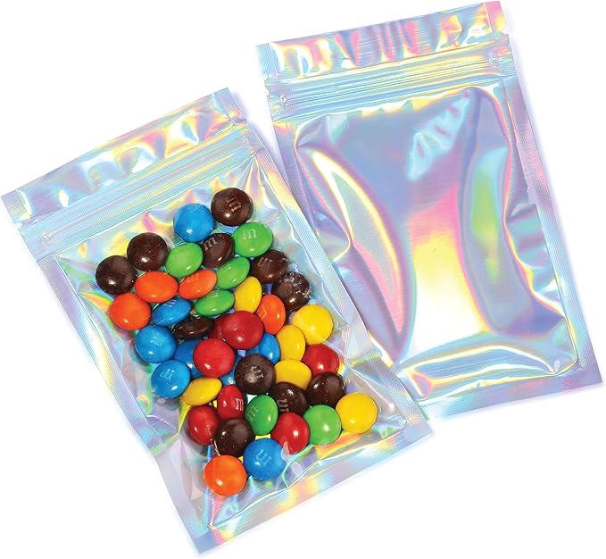 Mylar Bags with Zipper Seal 3.3 x 5.5" | 100 Bags | Rainbow Holographic | Sealable Heat Seal Bags for Candy and Food Packaging, Medications and Vitamins | For Liquid and Solids (3.3" x 5.5")
