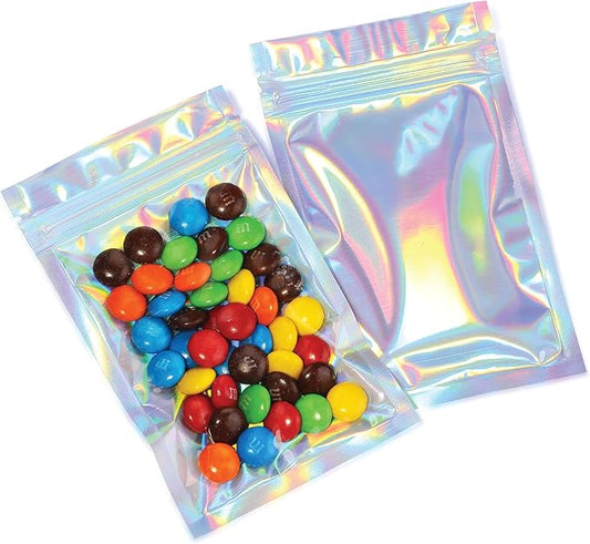 Mylar Bags with Zipper Seal 3.3 x 5.5" | 100 Bags | Rainbow Holographic | Sealable Heat Seal Bags for Candy and Food Packaging, Medications and Vitamins | For Liquid and Solids (3.3" x 5.5")