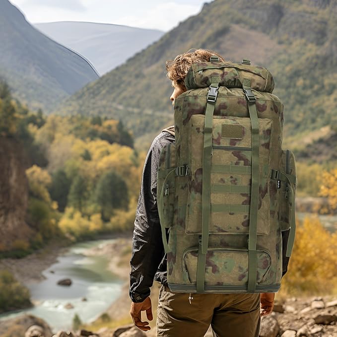 100L Hiking Camping Backpack MOLLE Rucksack Waterproof Daypack (RuinGreen)