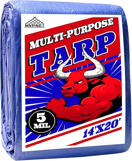 Tarp 14x20 ft 100% Waterproof Uv Resistant High Durability Multipurpose 5mil Blue Tarp for Covering Courtyards, Cars, Camping, Gardens, Pet Nests -by MVPNET