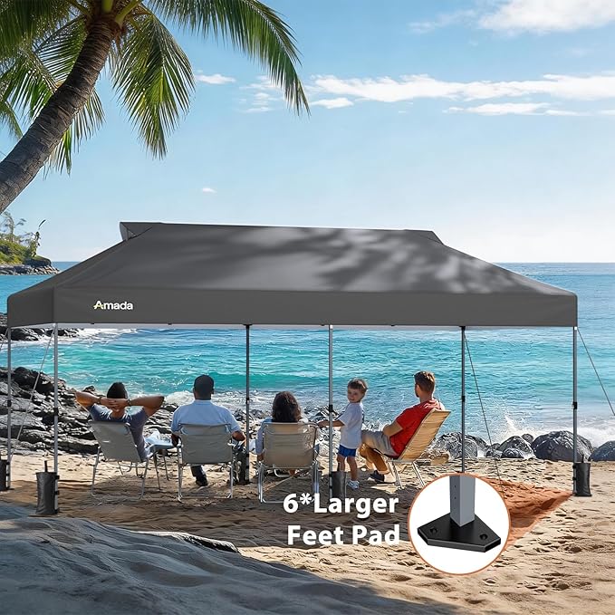 Amada 20x10 Pop Up Canopy - Center Lock One Push Instant Setup Gazebo Outdoor Canopy Beach Tent with STO-N-Go Bag 8 Stakes & 4 Sand Bags, 3-Height Adjustable Shade Shelter (20x10ft, Grey)