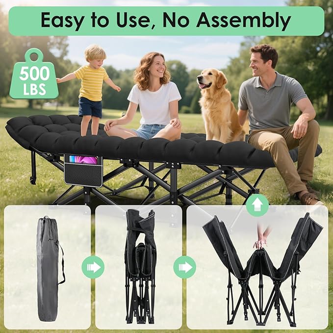 Suteck Camping Cot, Folding Camping Cot Bed for Adults Sleeping 1200D Double Layer Oxford Portable Folding Outdoor Cots for Camping W/Soft Pad Carry Bag for Home Office Nap Beach Travel