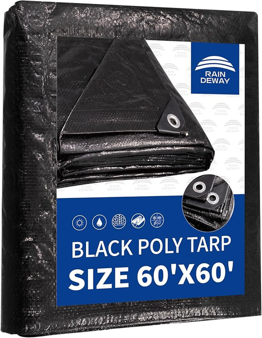 RAINDEWAY Extra Large Tarp 60x60, 8 Mil Thick, Black Tarps Heavy Duty Waterproof, UV Resistant, Cover with Metal Grommets and Reinforced Edges, Finished Size