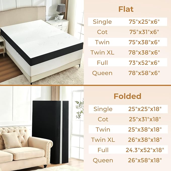 6 Inch Trifold Mattress, Full Size Foldable Memory Foam Mattress with Viscose Derived from Bamboo Washable Cover, Folding Mattress Topper Floor Bed for Camping, Guest, RV, Ventilated