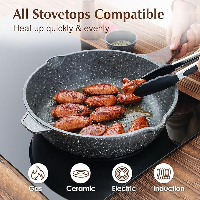 SENSARTE Nonstick Deep Frying Pan Skillet, 11-inch Saute Pan with Lid, Stay-cool Handle, Chef Pan Healthy Stone Cookware Cooking Pan, Induction Compatible