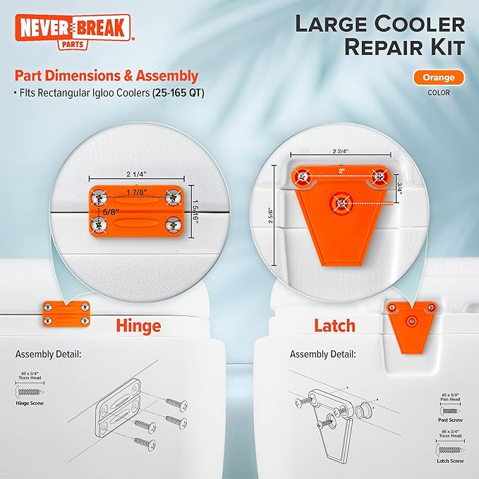 NeverBreak Parts - Igloo Cooler Replacement Parts - Large Repair Kit | High Strength Igloo Cooler Hinges Replacement with Latches | Ice Chest Repair Kit