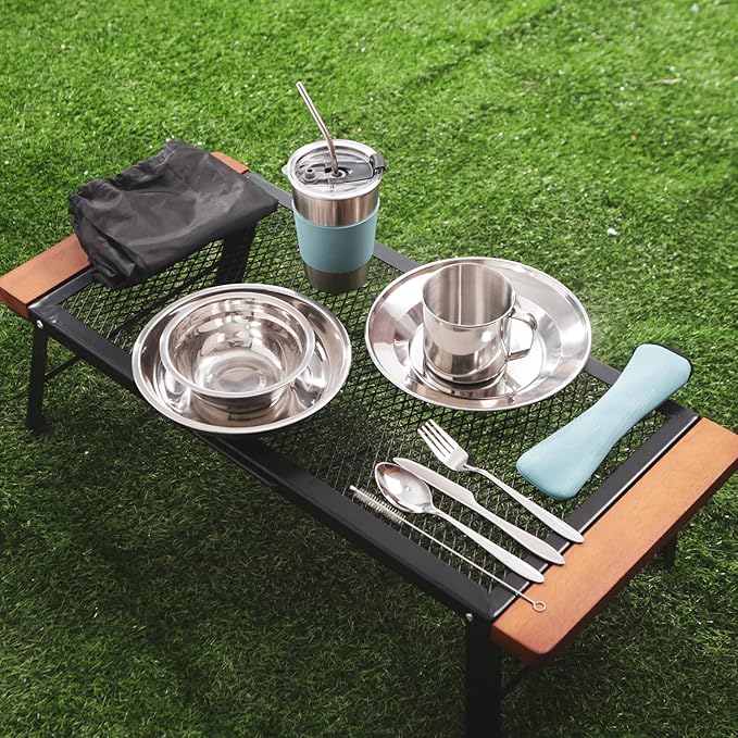 12Pcs Camping Mess Kit Camping Dishes Set Stainless Steel Tableware Mess Kit Includes Plate Bowl Cup Spoon Fork Knife in Mesh Bags for Camping Backpacking & Hiking for 1 Person