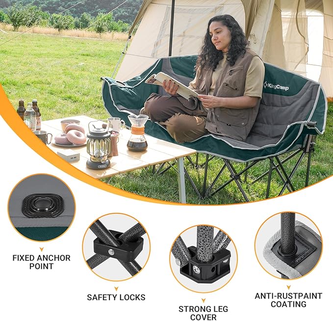 KingCamp 3 Person Camping Chair, Oversized 660lbs Heavy Duty Loveseat for Adults Portable Folding XL 2 Person Couch Padded Comfortable Three Seat with Cup Holder for Outdoor Lawn Backyard, Green/Grey