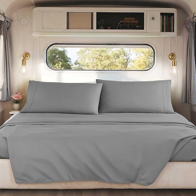 Hearth & Harbor Short Queen Sheets for RV, Grey RV Queen Sheets, Silky Soft 1800 Microfiber Bed Sheet for Camper, 4 Piece RV Bedding with Pillowcases