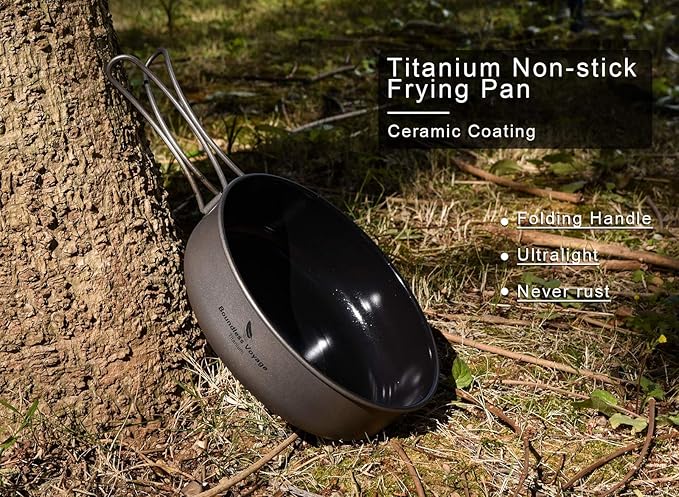 Boundless Voyage Titanium Non-Stick Frying Pan with Folding Handle Non-Stick Ceramic Coating Frypan Cooking Pot for Outdoor Camping Picnic Backpacking