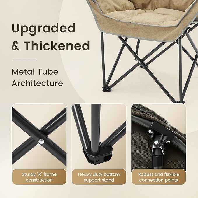 Oversized Padded Comfy Camping Chair for Adults, Portable Padded Lawn Chair, Weight Capacity 450 LBS, Heavy Duty Moon Leisure Folding Chair for Camping, Hiking, Carry Bag, Beige (2 Pack)