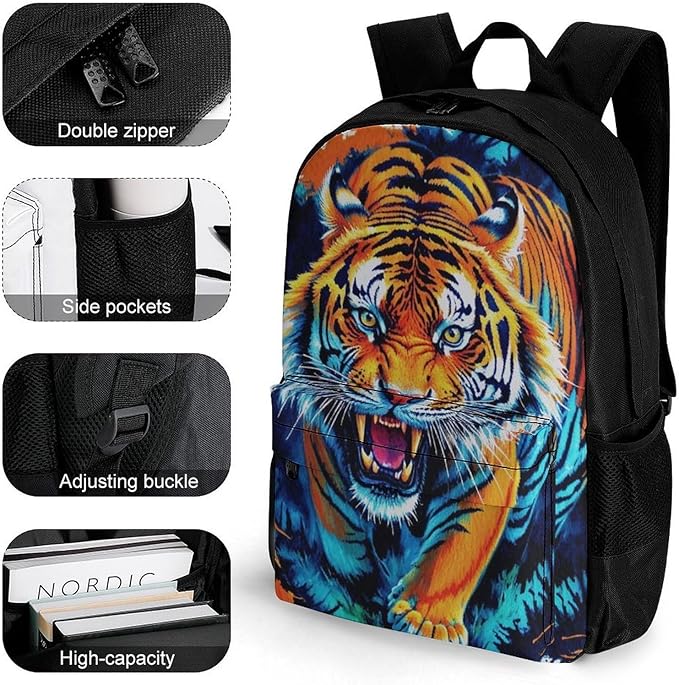 Supdreamc Rucksacks Lightweight Multipurpose Anti-Theft Blue Fierce Wild Tiger Animal King Art Shoulder Bag Big Capacity Laptop Book Bag Rucksack With Padded Straps